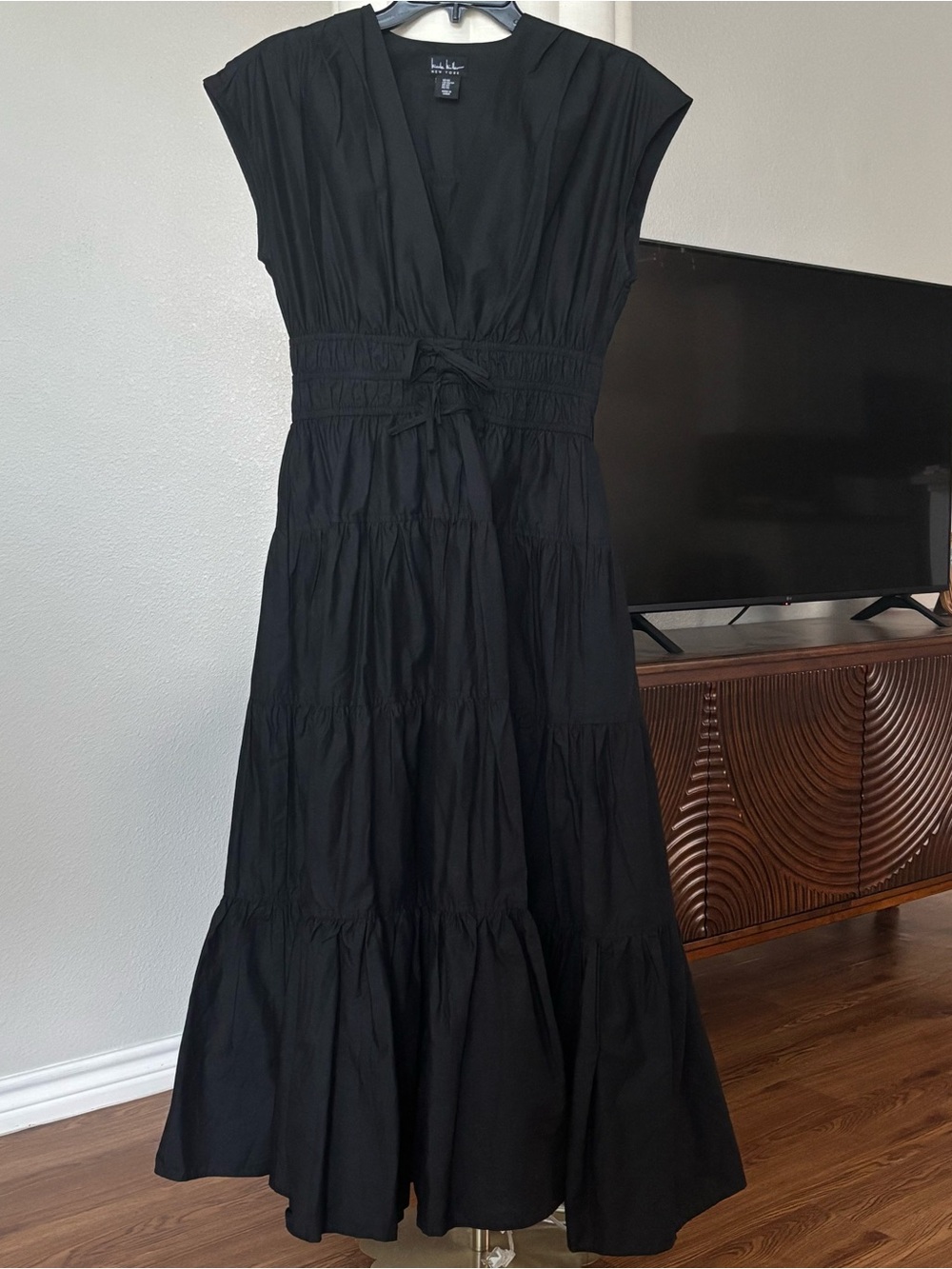 Nicole Miller Black Tiered Maxi Dress with Smocked Waist